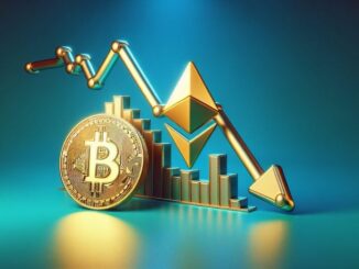 Bitcoin and Ether price symbols falling down graph showing economic decline amid stagflation fears