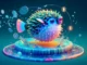 3D animated representation of a Puffer fish swimming in an Ethereum liquidity pool.